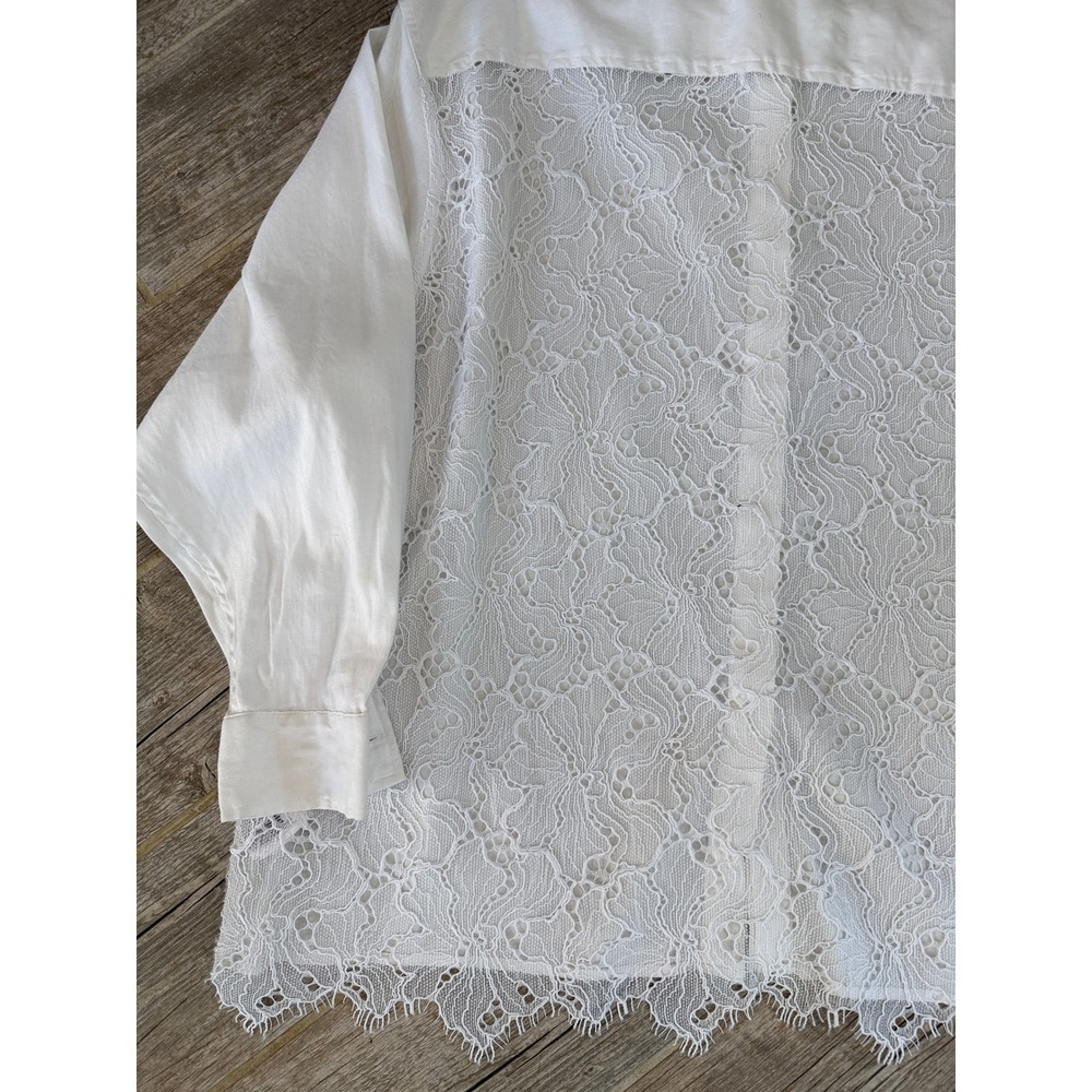 H&M Button Down Shirt Womens L White Excellent Lace Back Eyelash Trim Oversized - Picture 7 of 9